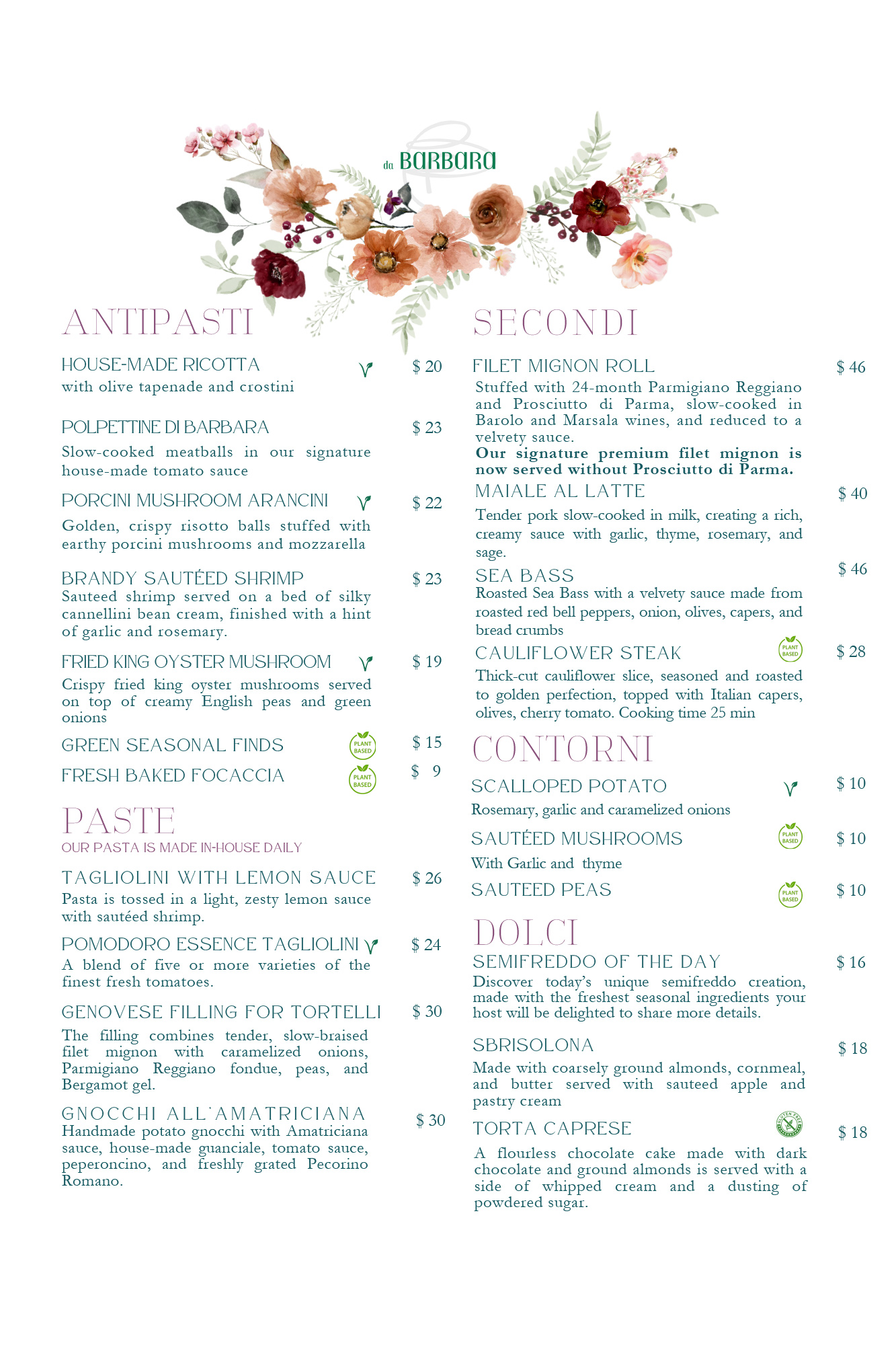 a la carte menu - Ottobre